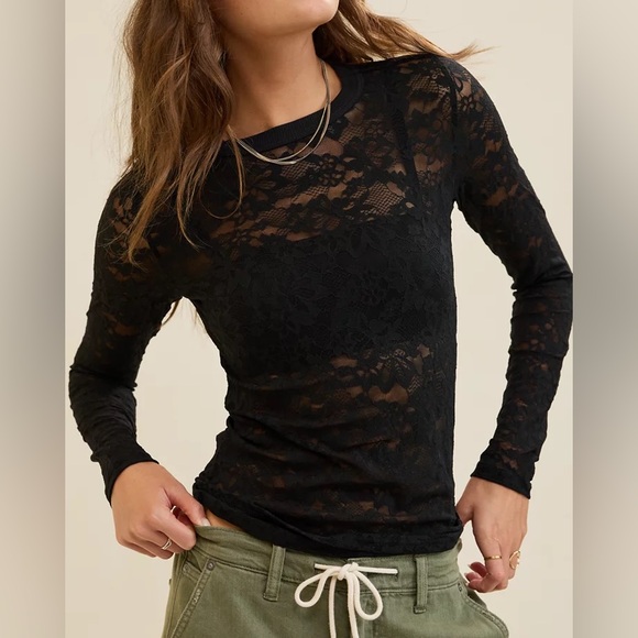 aerie Tops - Aerie Essential Lace Layering T-Shirt Black Floral Mesh Size XS